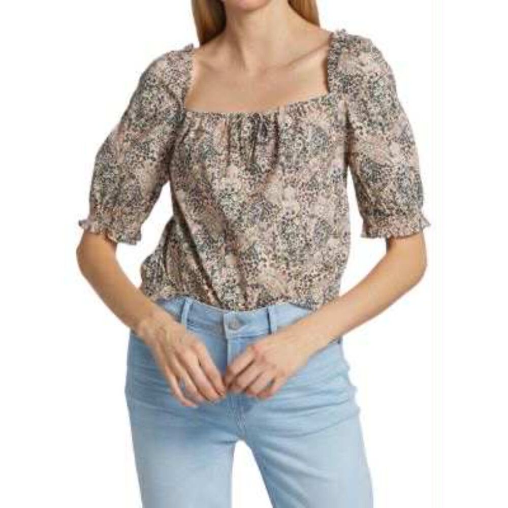 PAIGE Elise Top Ecru Floral Multicolor Puff Sleeve Square Neck Blouse, size L